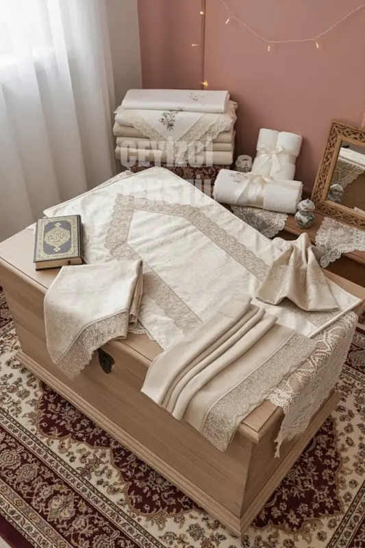 Prayer Rug Set 4 Pieces Economic Dowry Prayer Rug Set, Engagement Bundle - Coffee-Coffee - ÇT ÇEYIZCI TEKSTIL
