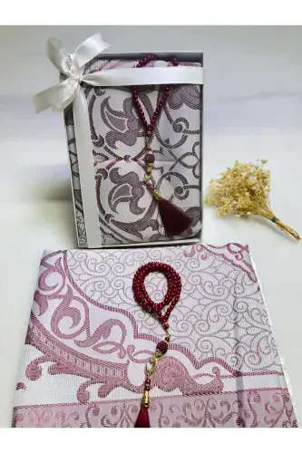 prayer rug set, bridal set of 2, prayer rug rosary, gift, dowry mevlid gift-burgundy - LIFESTYLING (1)