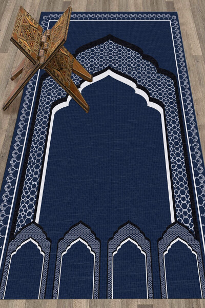 Prayer Rug with Digital Minbar Motif, Washable, 70x130 (Blue) - 5