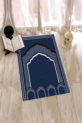 Prayer Rug with Digital Minbar Motif, Washable, 70x130 (Blue) - 7