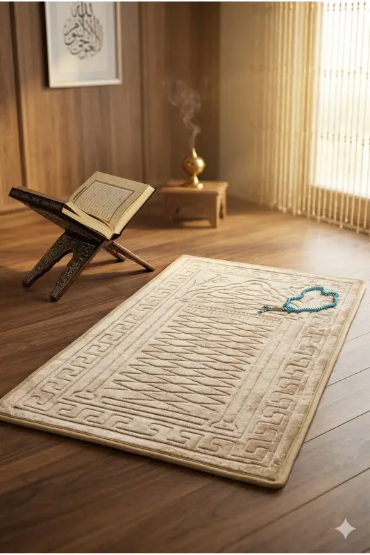 Prayer rug with special soft base, non-slip, embossed and embroidered. Doesn't hurt knees, 100% cotton. - 3