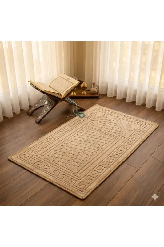 Prayer rug with special soft base, non-slip, embossed and embroidered. Doesn't hurt knees, 100% cotton. - 4