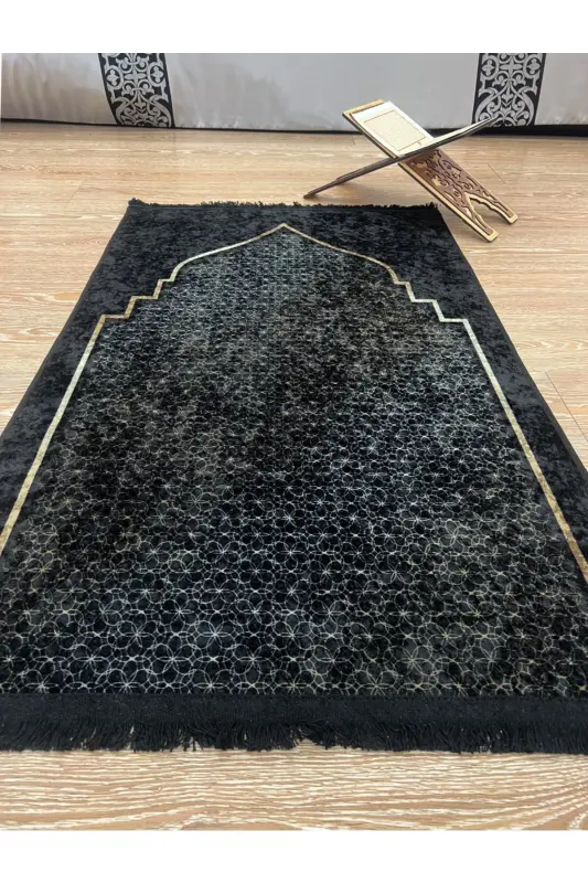 Prayer Rug with Tassels (Latex Base) 75x125 Size - Black - BRILLANT