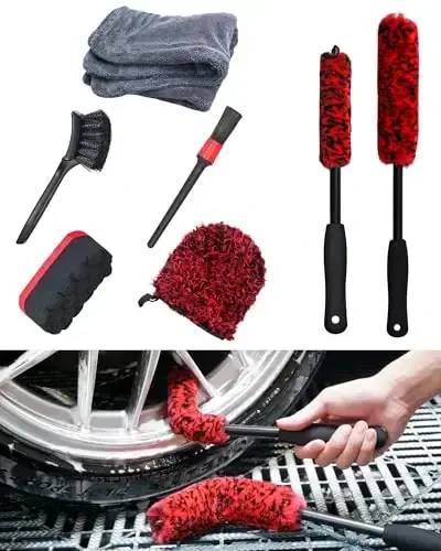 Premium 7PCS Car Wheel Rims Detail Cleaning PRO Wash Kit, Wheel Wash Mitt, Tire Brush,2PCS Soft Woolies Wheels Brush,Detailing Brush and Tire Dressing Pad,Microfiber Dry Towel Scratch-Free Cleaning - 1