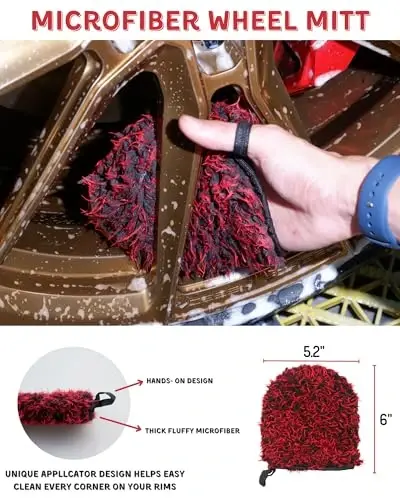 Premium 7PCS Car Wheel Rims Detail Cleaning PRO Wash Kit, Wheel Wash Mitt, Tire Brush,2PCS Soft Woolies Wheels Brush,Detailing Brush and Tire Dressing Pad,Microfiber Dry Towel Scratch-Free Cleaning - 4