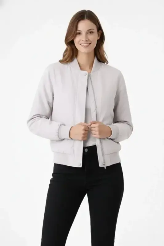 Premium Bomber Ceket Çıtçıt Kapamalı, Ribana Manşetli, Astarlı, Regular Fit Mont - Beyaz - 1