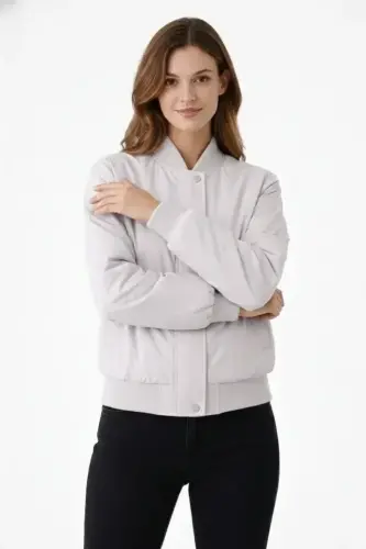 Premium Bomber Ceket Çıtçıt Kapamalı, Ribana Manşetli, Astarlı, Regular Fit Mont - Beyaz - 2