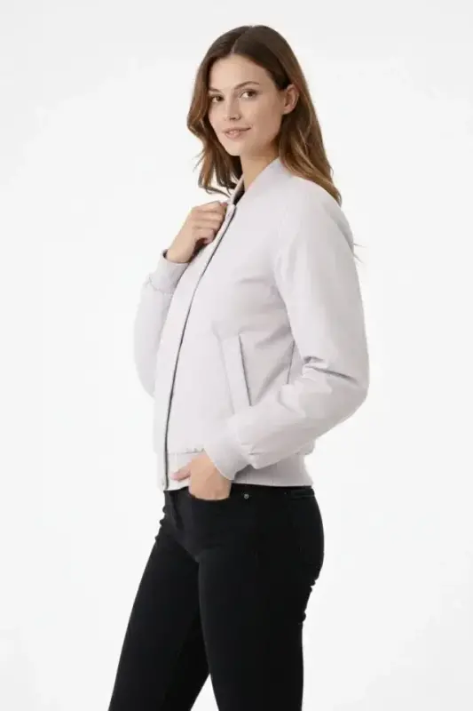 Premium Bomber Ceket Çıtçıt Kapamalı, Ribana Manşetli, Astarlı, Regular Fit Mont - Beyaz - 3