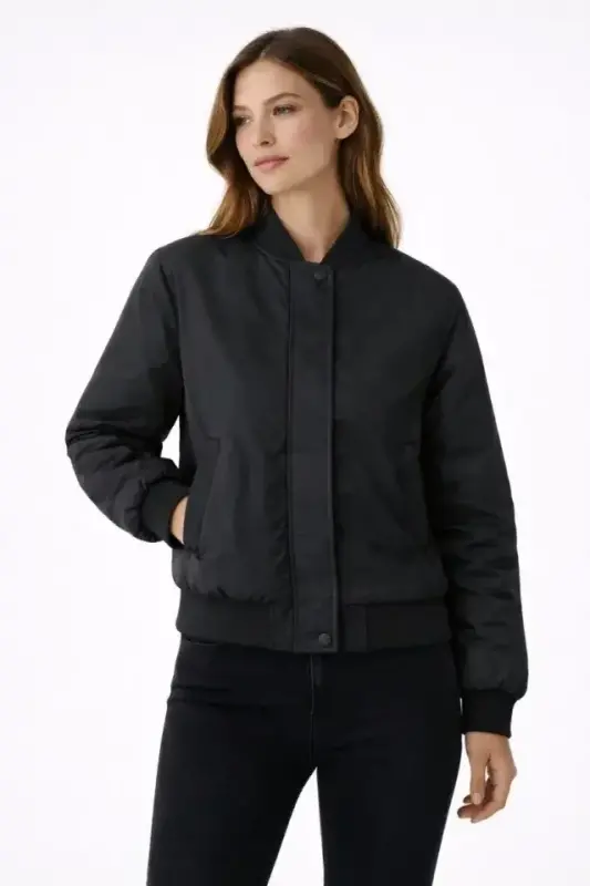 Premium Bomber Ceket Çıtçıt Kapamalı, Ribana Manşetli, Astarlı, Regular Fit Mont - Siyah - 2