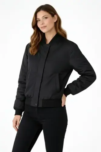 Premium Bomber Ceket Çıtçıt Kapamalı, Ribana Manşetli, Astarlı, Regular Fit Mont - Siyah - 3