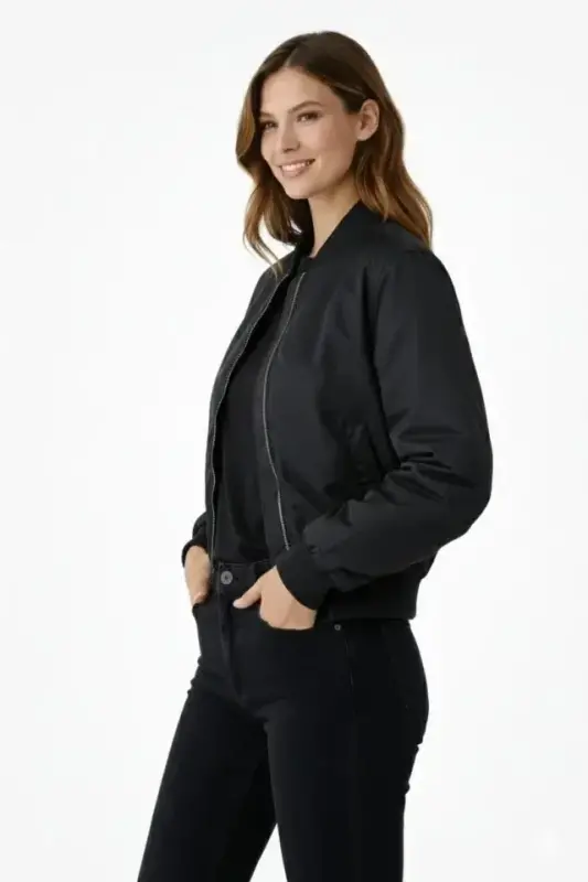 Premium Bomber Ceket Çıtçıt Kapamalı, Ribana Manşetli, Astarlı, Regular Fit Mont - Siyah - BÜYÜKBEDENIZ