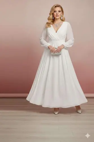 Premium Büyük Beden Nikah Elbisesi – Beyaz, Kruvaze Yaka, Akışkan Kloş Form ND4030 - BÜYÜKBEDENIZ (1)