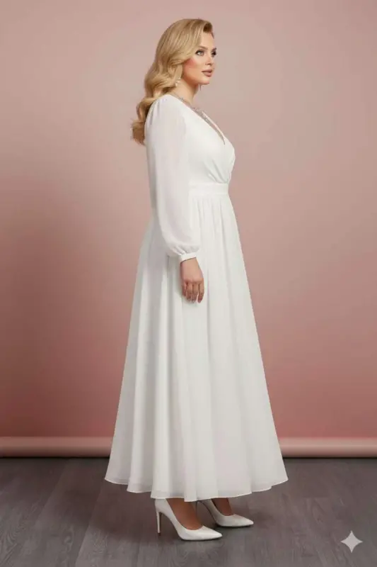 Premium Büyük Beden Nikah Elbisesi – Beyaz, Kruvaze Yaka, Akışkan Kloş Form ND4030 - 3