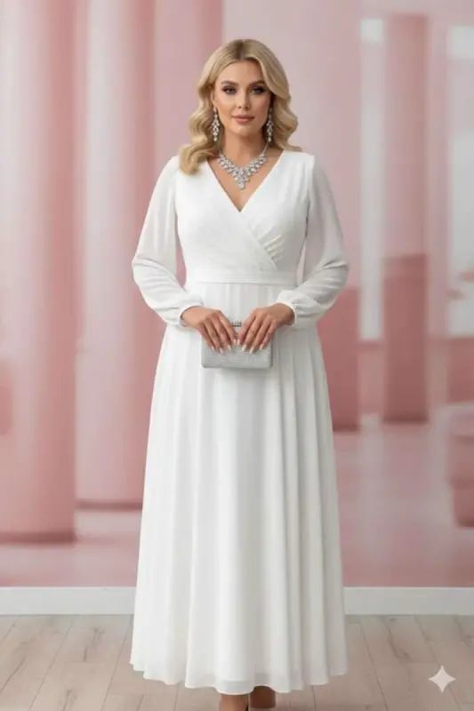 Premium Büyük Beden Beyaz Nikah Elbisesi Kruvaze Yaka, Akışkan Kloş ND4030 - 1