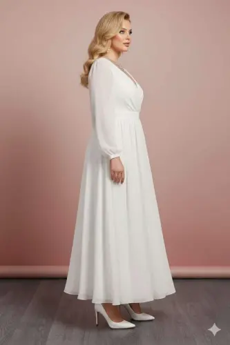 Premium Büyük Beden Beyaz Nikah Elbisesi Kruvaze Yaka, Akışkan Kloş ND4030 - 3
