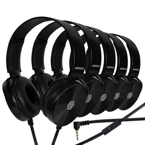 Premium Classroom Eshitish vositasi va Mikrofon toʻplami 3,5 mm Jek Stereo Ovozli Mikrofoni va Yumshoq Aylanadigan Quloq Yostiqchalari bilan Eshitish vositalari - Elektron Taʼlim, Uchrashuvlar, Qoʻngʻiroqlar uchun ideal - 5 dona toʻplam (Qora) 