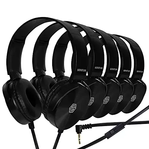 Premium Classroom Headphone & Mic Set 3.5mm Jack Stereo Sound Earphones with Microphone & Soft Swivel On Ear Pads- Perfect for E-Learning, Meetings, Calls - Bulk Pack of 5 (Black) - 1