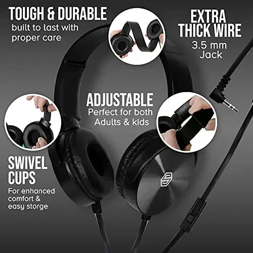 Premium Classroom Headphone & Mic Set 3.5mm Jack Stereo Sound Earphones with Microphone & Soft Swivel On Ear Pads- Perfect for E-Learning, Meetings, Calls - Bulk Pack of 5 (Black) - 3
