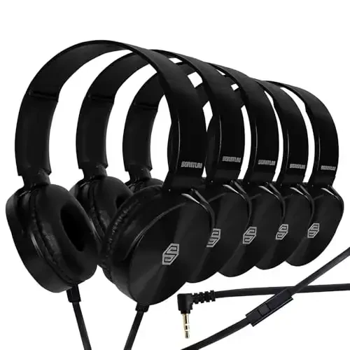 Premium Classroom Headphone & Mic Set 3.5mm Jack Stereo Sound Earphones with Microphone & Soft Swivel On Ear Pads- Perfect for E-Learning, Meetings, Calls - Bulk Pack of 5 (Black) 