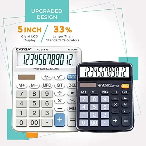 Premium Commercial 12-Digit Large Desktop Calculator with Huge 5-Inch LCD Display Screen, Giant Responsive Buttons, Battery and Solar Powered, Perfect for Home/Office Accounting Finance Use, CD-2776 - 2