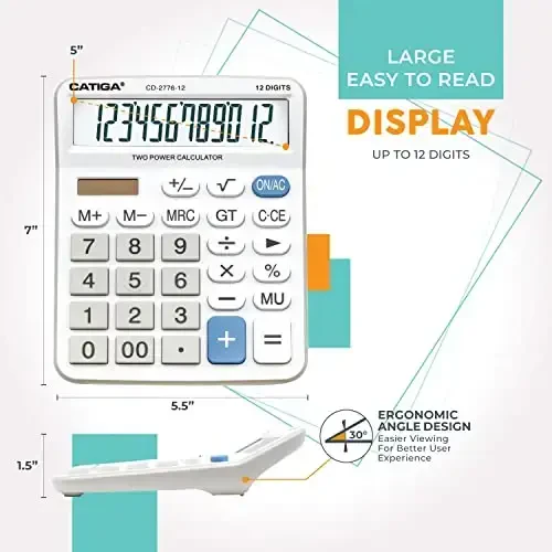 Premium Commercial 12-Digit Large Desktop Calculator with Huge 5-Inch LCD Display Screen, Giant Responsive Buttons, Battery and Solar Powered, Perfect for Home/Office Accounting Finance Use, CD-2776 - 3