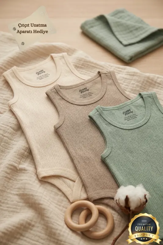 Premium Fitilli Kumaş %100 Organik Pamuk 3'lü Erkek Bebek Atlet Body Zıbın Çıtçıtlı Kolsuz Badi Set - Renkli - 1