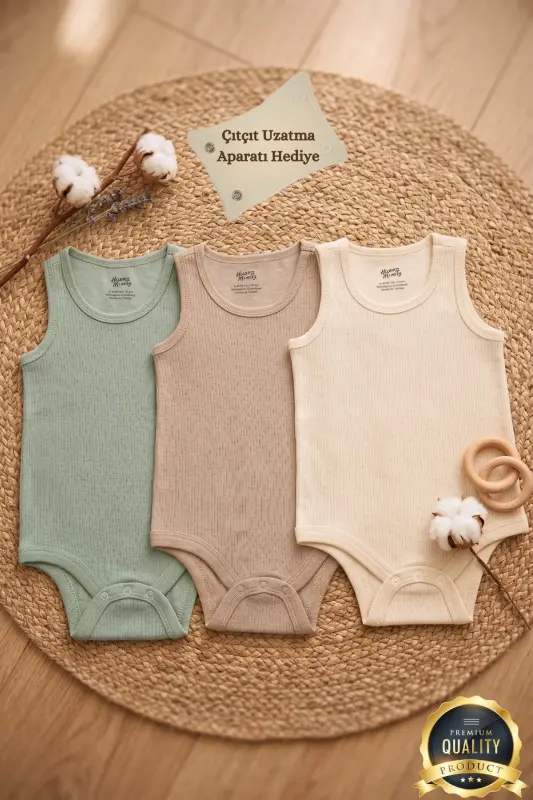 Premium Fitilli Kumaş %100 Organik Pamuk 3'lü Erkek Bebek Atlet Body Zıbın Çıtçıtlı Kolsuz Badi Set - Renkli - 2