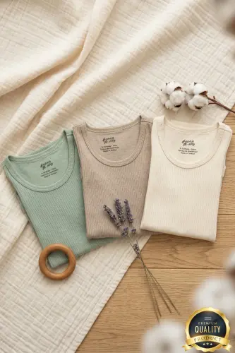 Premium Fitilli Kumaş %100 Organik Pamuk 3'lü Erkek Bebek Atlet Body Zıbın Çıtçıtlı Kolsuz Badi Set - Renkli - 3