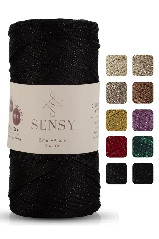 Premium Glittery 200 Gr Polyester Macrame Yarn Black 2 Mm - 230 M Placemat Yarn Bag Yarn - Black - SENSY