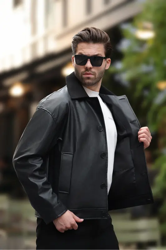 Премиум Качество Водоотталкивающая Oversize Кашемировая Куртка с Карманами Черная Мужская Кожаная Куртка Свободного Кроя, Модная, с Карманами - Черная Кашемировая Куртка с Карманами - 3