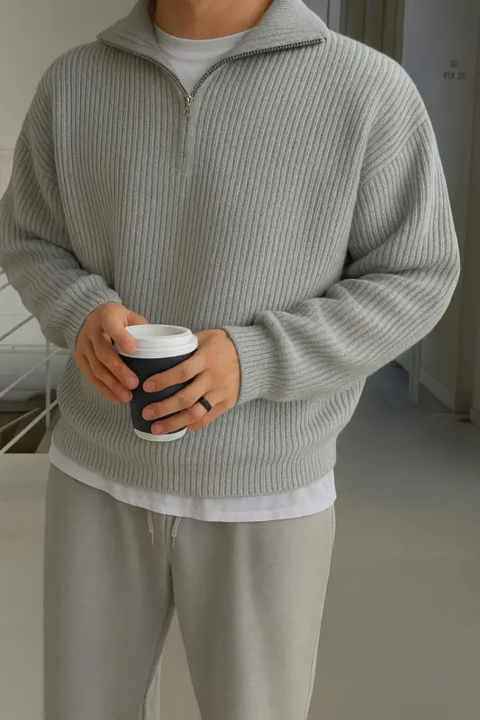 premium kalite erkek salaş selanik dik yaka yarım fermuarlı kışlık kazak ( GRİ )-Sarı - COOL TARZ