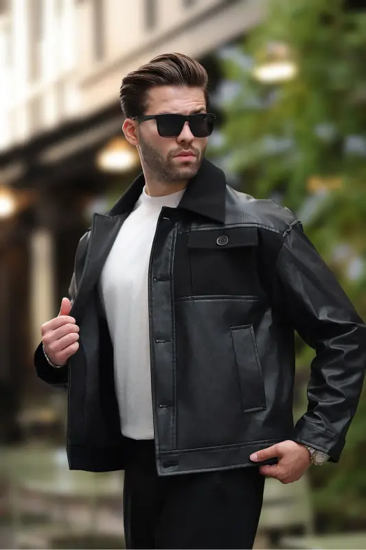 Premium Kalite Su Itici Oversize Kaşe Cep Modelli Siyah Erkek Deri Ceket Rahat Kalıp, Trendy,cepli - Siyah Kaşe Cepli - 1