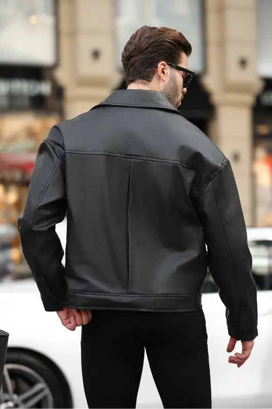 Premium Kalite Su Itici Oversize Siyah Erkek Deri Ceket Rahat Kalıp, Trendy,cepli - Siyah - 4