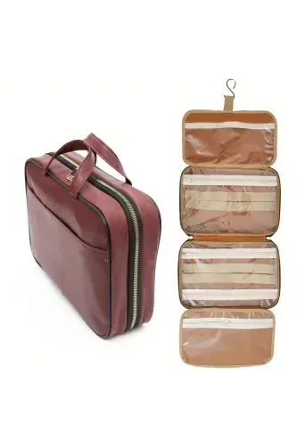 Premium Makyaj Seyahat Çantası Bavul Düzenleyici Makyaj Bavulu Bavul Içi Organizer Çanta-Bordo - 1