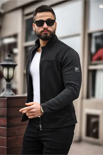 Premium Örme Triko Kol Dik Yaka Süet Ceket - Triko Siyah - 1