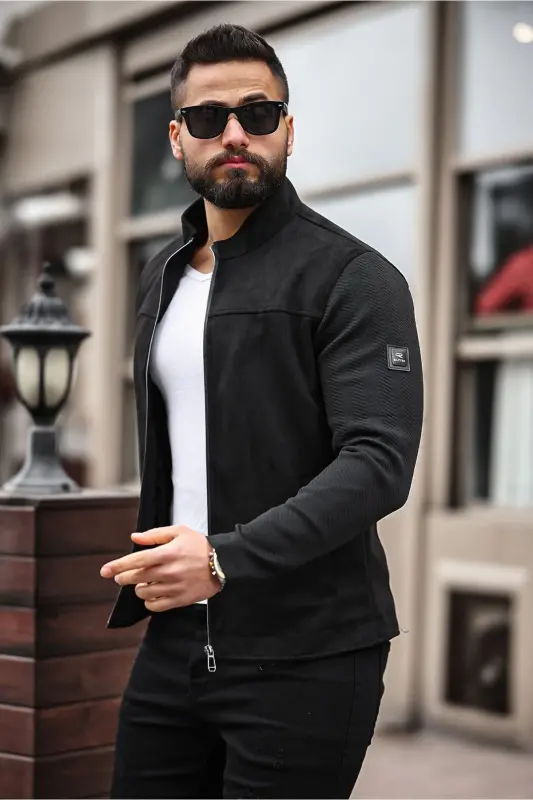 Premium Örme Triko Kol Dik Yaka Süet Ceket - Triko Siyah - 1