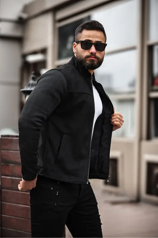 Premium Örme Triko Kol Dik Yaka Süet Ceket - Triko Siyah - 2