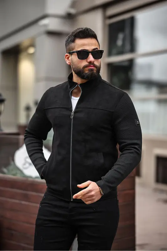 Premium Örme Triko Kol Dik Yaka Süet Ceket - Triko Siyah - 3