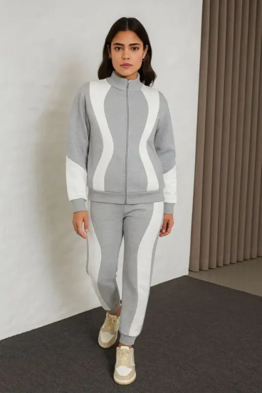Premium Parçalı Eşofman Takım - Dik Yaka Fermuarlı Sweatshirt - Gri - 2