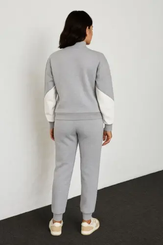 Premium Parçalı Eşofman Takım - Dik Yaka Fermuarlı Sweatshirt - Gri - 3