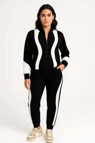 Premium Parçalı Eşofman Takım - Dik Yaka Fermuarlı Sweatshirt - Siyah - 3