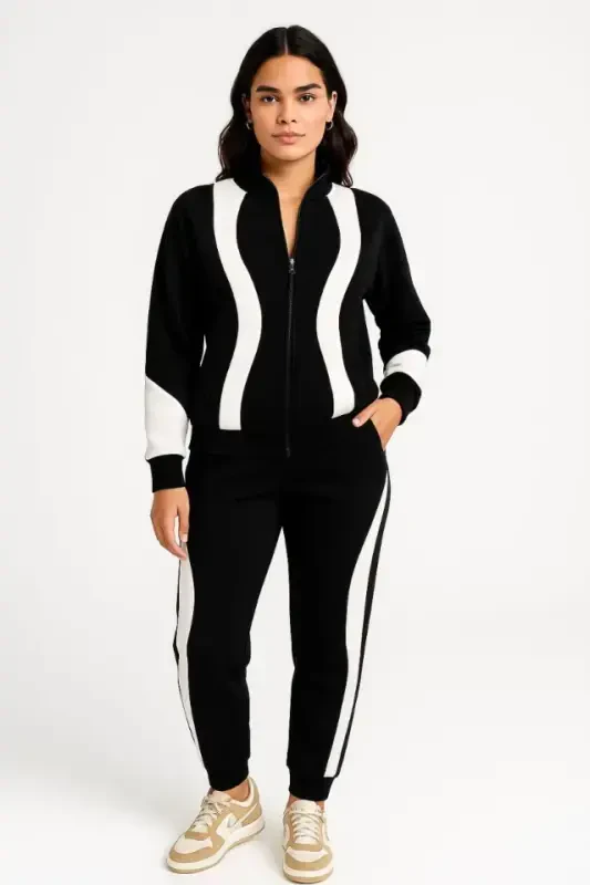 Premium Parçalı Eşofman Takım - Dik Yaka Fermuarlı Sweatshirt - Siyah - 3