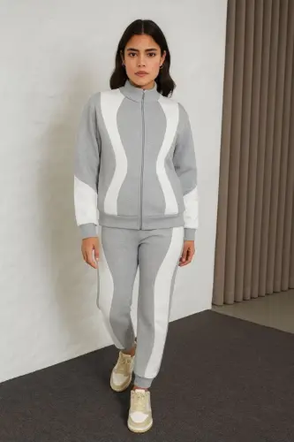 Premium Parçalı Eşofman Takım - Tik Yaka Fermuarlı Sweatshirt - Gri - 2