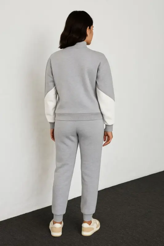 Premium Parçalı Eşofman Takım - Tik Yaka Fermuarlı Sweatshirt - Gri - 3
