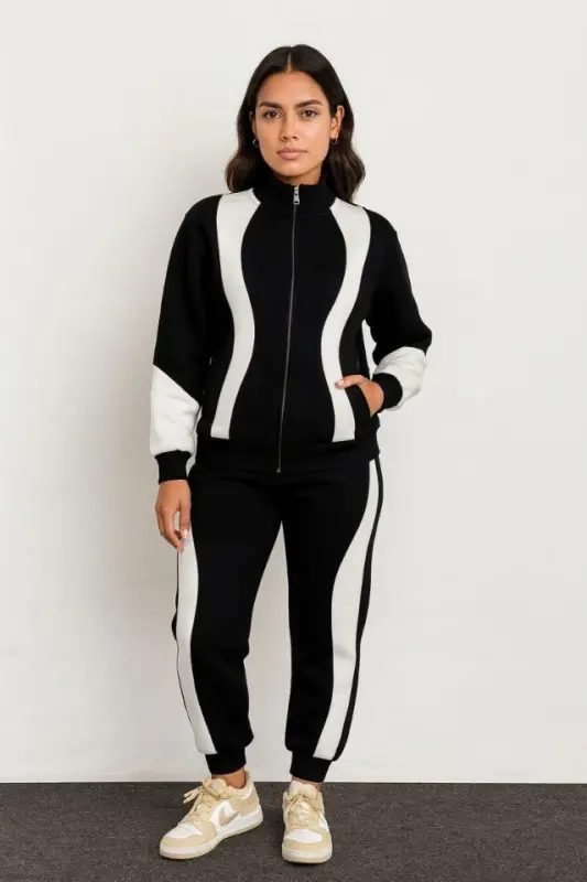 Premium Parçalı Eşofman Takım - Tik Yaka Fermuarlı Sweatshirt - Siyah - 4