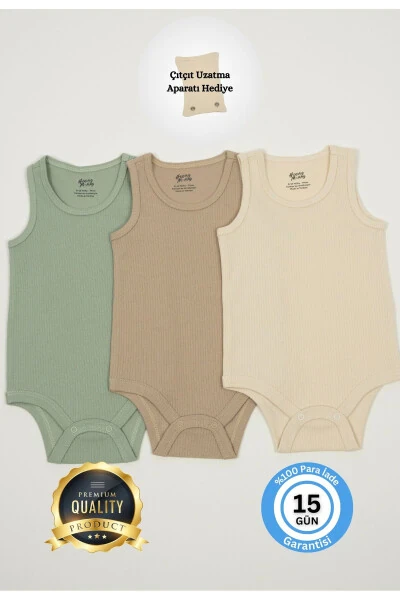 Premium Paxta Matodan Tikilgan 100% Organik 3'li Erkak Chaqaloq Atlet Body Jiletli Tugmachali Yengsiz Badi Set - HUGGY MOMMY