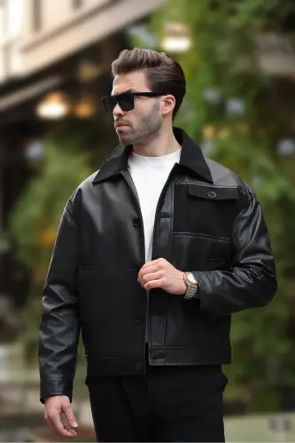 Premium Quality Water Repellent Oversize Woolen Black Men's Leather Jacket Relaxed Fit, Trendy, Pocketed-Black Woolen Pocketed - 2