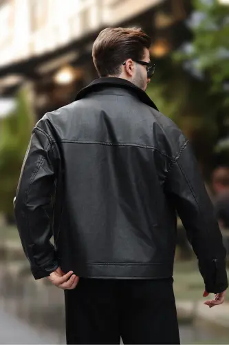 Premium Quality Water Repellent Oversize Woolen Black Men's Leather Jacket Relaxed Fit, Trendy, Pocketed-Black Woolen Pocketed - 6
