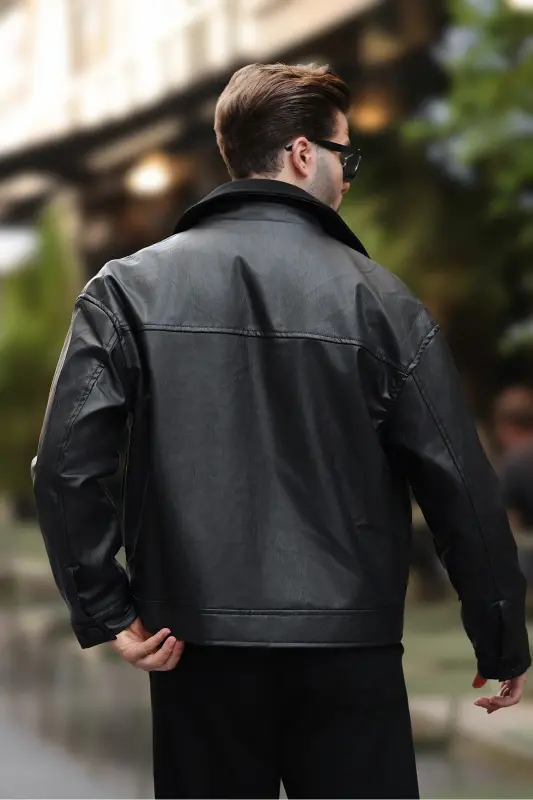 Premium Quality Water Repellent Oversize Woolen Black Men's Leather Jacket Relaxed Fit, Trendy, Pocketed-Black Woolen Pocketed - 6