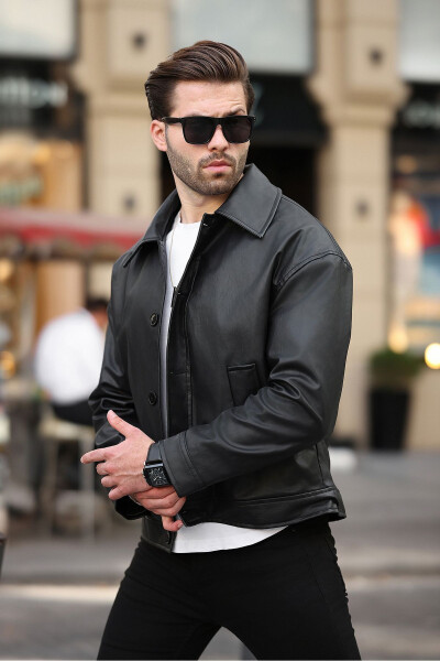 Premium Quality Water Repellent Oversized Black Men's Leather Jacket Comfortable Fit, Trendy, with Pockets - 2